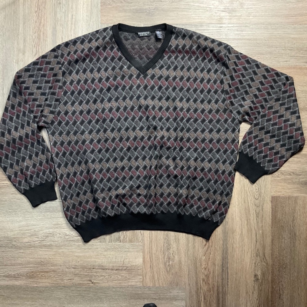 Vintage Segreto Merino Wool V-Neck Diamond Knit Sweater Mens XXL Black Grey 90's